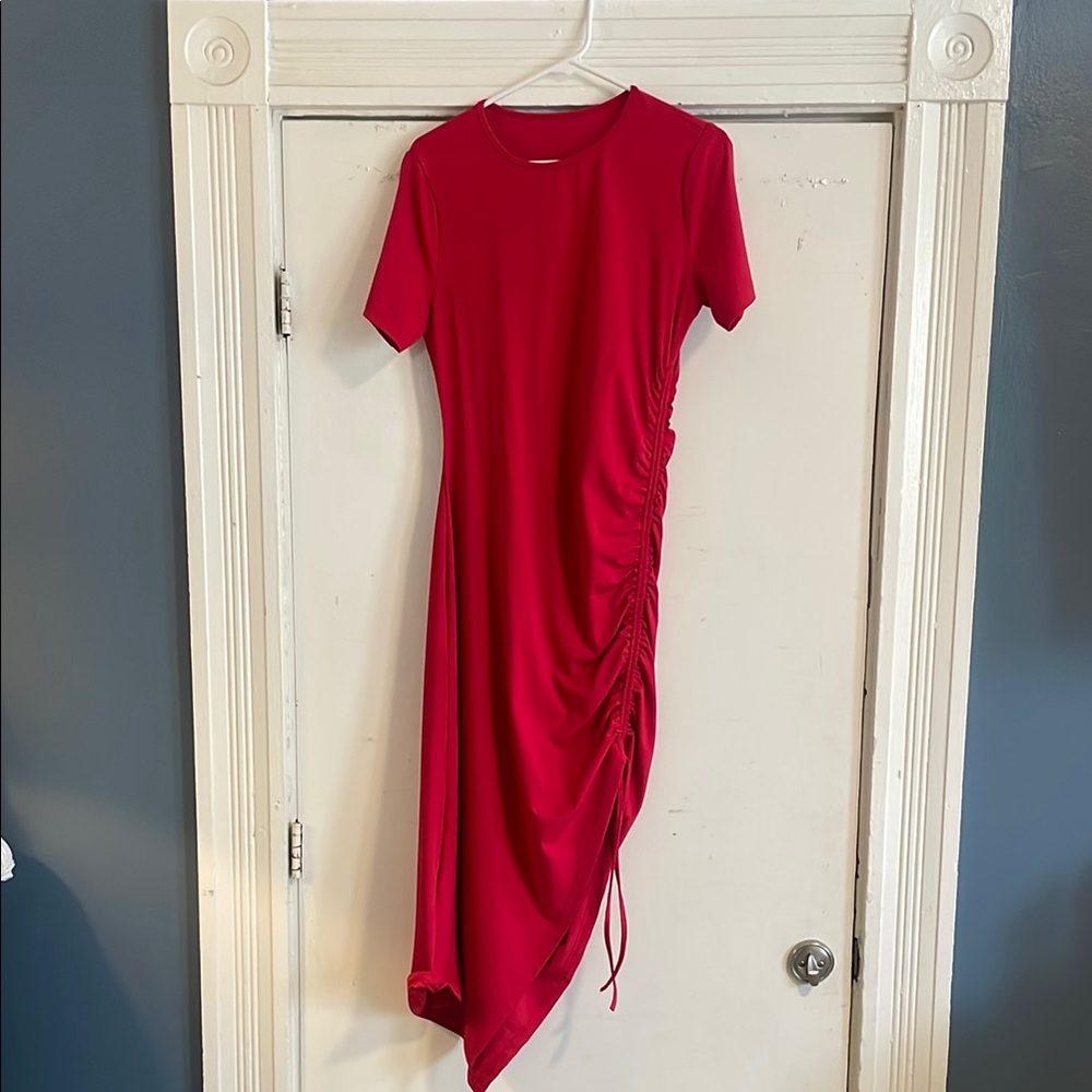 Amazon Red Asymmetrical Ruched Sheath Dress